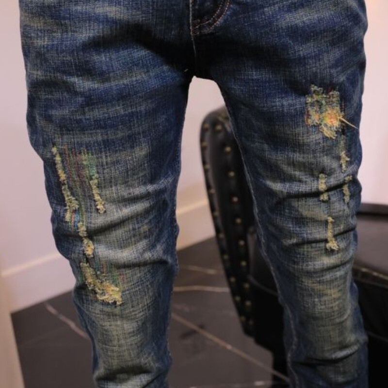 Nohavice roztrhané elastické s dierami, pánske kovbojské nohavice, slim fit džínsy pre mužov, úzke, roztrhané, elastické, skinny, roztrhané letné džínsy