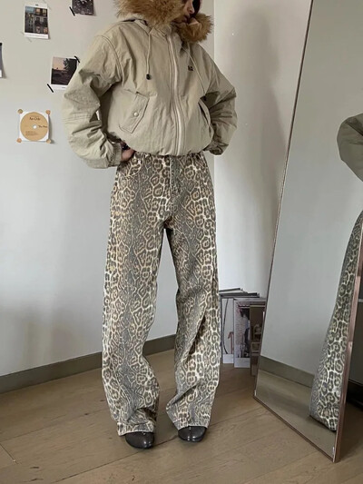 Dámske vintage leopardie džínsy z 90. rokov, vrecovité, sexi dievčenské, voľné ležérne nohavice s vysokým pásom a rovnými nohavicami, streetwear, 2024
