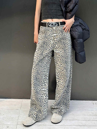 Dámske vintage leopardie džínsy z 90. rokov, vrecovité, sexi dievčenské, voľné ležérne nohavice s vysokým pásom a rovnými nohavicami, streetwear, 2024