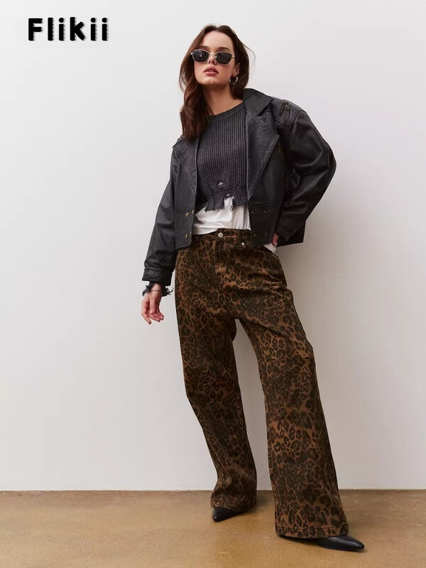 Dámske vintage leopardie džínsy z 90. rokov, vrecovité, sexi dievčenské, voľné ležérne nohavice s vysokým pásom a rovnými nohavicami, streetwear, 2024