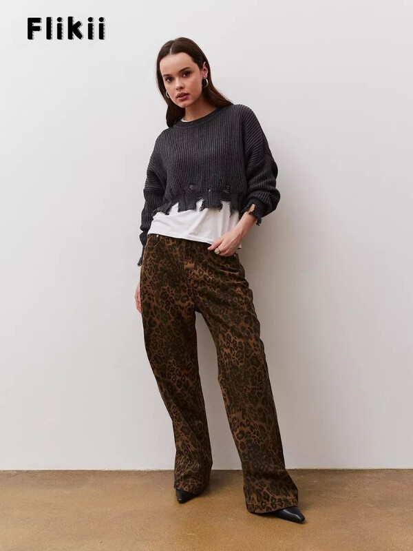 Dámske vintage leopardie džínsy z 90. rokov, vrecovité, sexi dievčenské, voľné ležérne nohavice s vysokým pásom a rovnými nohavicami, streetwear, 2024