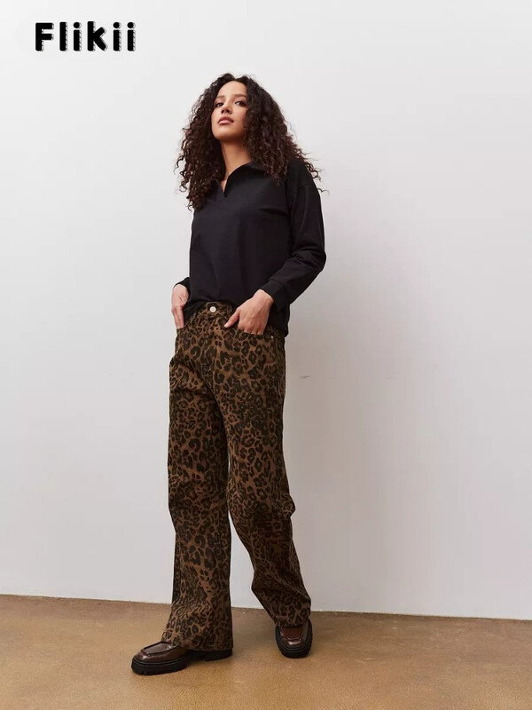 Dámske vintage leopardie džínsy z 90. rokov, vrecovité, sexi dievčenské, voľné ležérne nohavice s vysokým pásom a rovnými nohavicami, streetwear, 2024