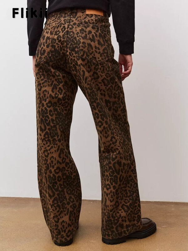 Dámske vintage leopardie džínsy z 90. rokov, vrecovité, sexi dievčenské, voľné ležérne nohavice s vysokým pásom a rovnými nohavicami, streetwear, 2024