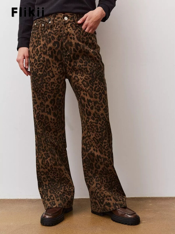 Dámske vintage leopardie džínsy z 90. rokov, vrecovité, sexi dievčenské, voľné ležérne nohavice s vysokým pásom a rovnými nohavicami, streetwear, 2024