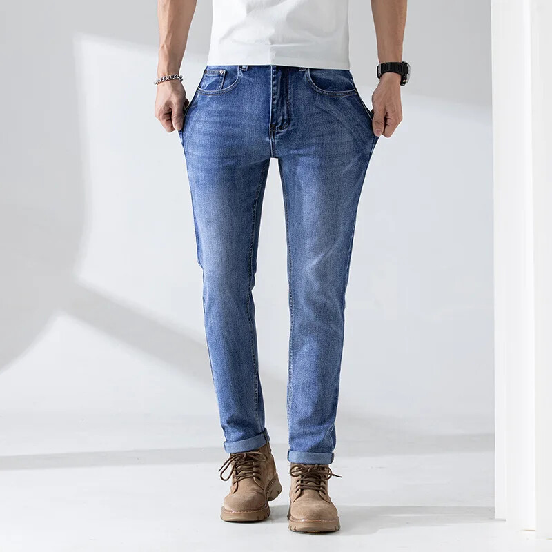 Prémiové ľahké pánske džínsy, ležérny slim fit, elastické nohavice so stredným pásom, obtiahnuté boky, vysoko kvalitné, prateľné, tmavé odtiene