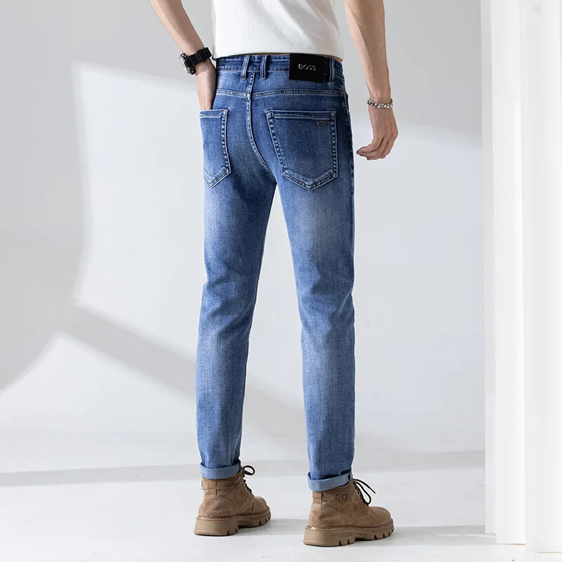 Prémiové ľahké pánske džínsy, ležérny slim fit, elastické nohavice so stredným pásom, obtiahnuté boky, vysoko kvalitné, prateľné, tmavé odtiene