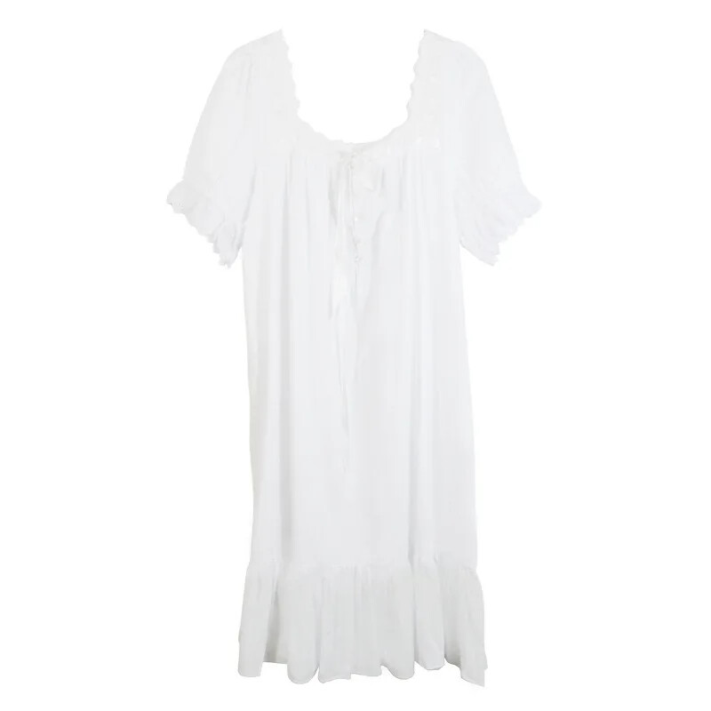 Викторианска нощна рокля от чист памук, дамска бяла нощна рокля с къс ръкав, секси дантелена нощна нощница с волани, ретро нощница, спално облекло на принцеса