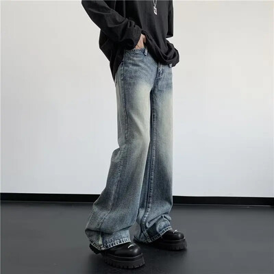 Дънки с прави крачоли в американски стил Нова модерна марка Ins High Street Vintage Washing Свободни мъжки панталони с микро разкроени панталони