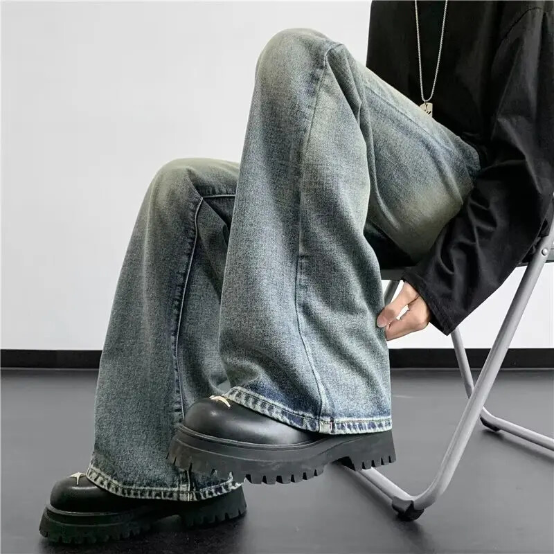 Amerikietiško stiliaus džinsai tiesiomis kojomis Nauji madingi prekės ženklo „High Street Vintage“ skalbimo laisvi, labai platūs vyriškos kelnės