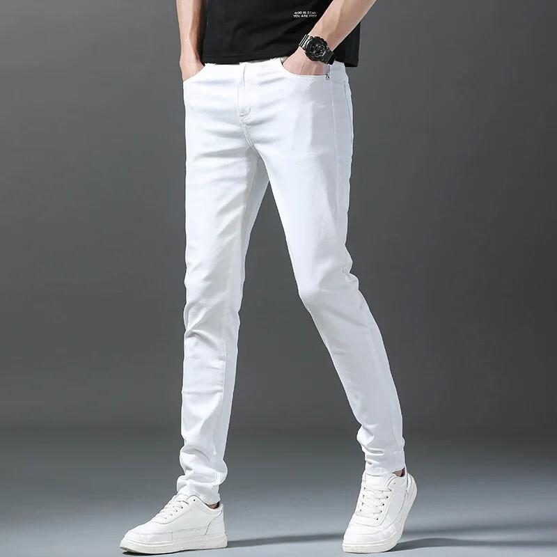 Pánske slim džínsy s rovným strihom, ležérne, módne, s ceruzkovým vzorom, kvalitné, biele, 2024