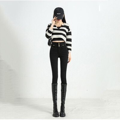 Korėjos gatvės apranga aukštu juosmeniu džinsai moteriški ploni tendencija tamprūs džinsiniai kelnaitės Elegantiškos tiesios kelnaitės, juodos siauros „vaqueros“