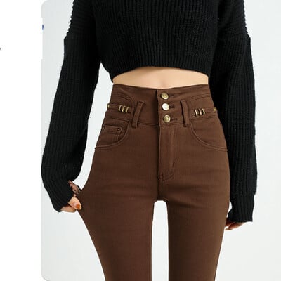 Korėjos gatvės apranga aukštu juosmeniu džinsai moteriški ploni tendencija tamprūs džinsiniai kelnaitės Elegantiškos tiesios kelnaitės, juodos siauros „vaqueros“