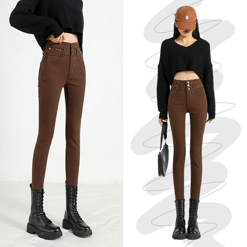 Korėjos gatvės apranga aukštu juosmeniu džinsai moteriški ploni tendencija tamprūs džinsiniai kelnaitės Elegantiškos tiesios kelnaitės, juodos siauros „vaqueros“