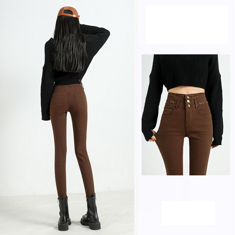 Korėjos gatvės apranga aukštu juosmeniu džinsai moteriški ploni tendencija tamprūs džinsiniai kelnaitės Elegantiškos tiesios kelnaitės, juodos siauros „vaqueros“