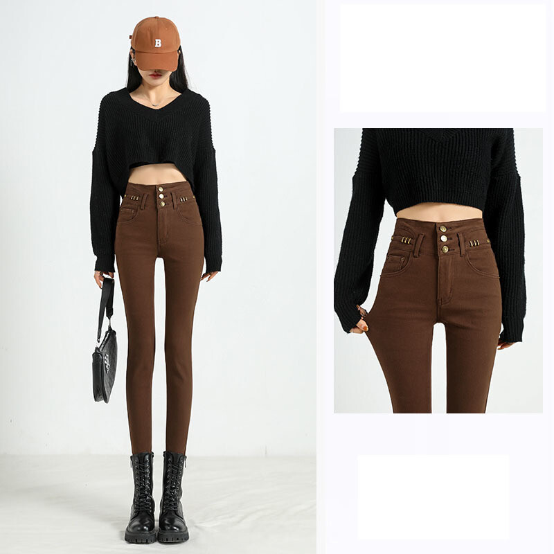 Korėjos gatvės apranga aukštu juosmeniu džinsai moteriški ploni tendencija tamprūs džinsiniai kelnaitės Elegantiškos tiesios kelnaitės, juodos siauros „vaqueros“