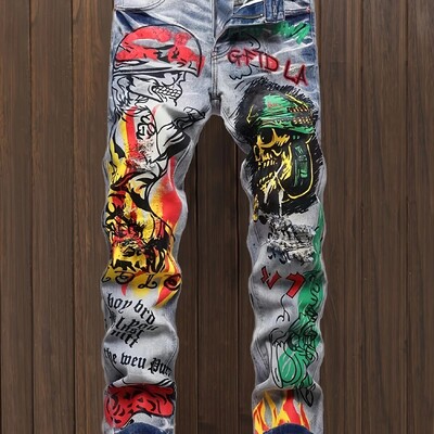 Nové džínsy v štýle zahraničného obchodu, pánske džínsy s punkovým vzorom, slim fit, graffiti vzorom, hip hop, streetwear