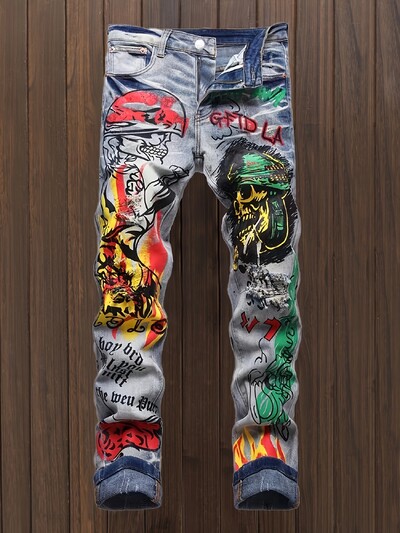 Nove traperice u vanjskotrgovinskom stilu Muške otegnute punk doodle traperice Modne naprijed s grafitnim uzorkom Slim Fit Hip Hop Streetwear