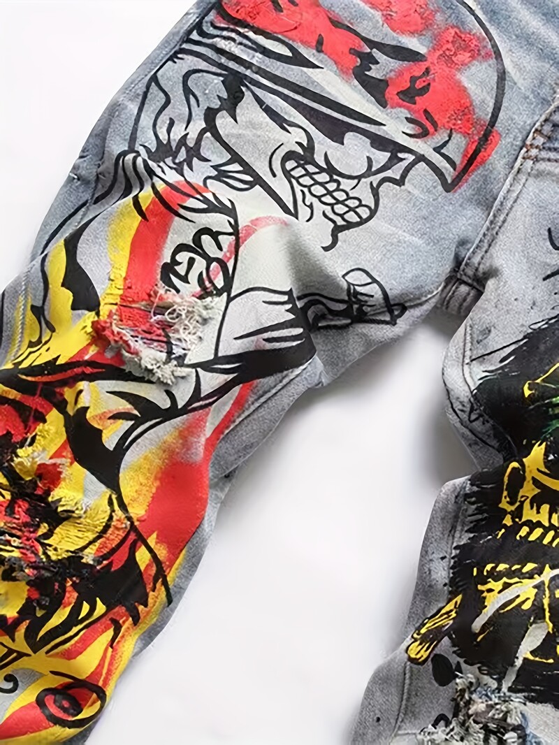 Nové džínsy v štýle zahraničného obchodu, pánske džínsy s punkovým vzorom, slim fit, graffiti vzorom, hip hop, streetwear