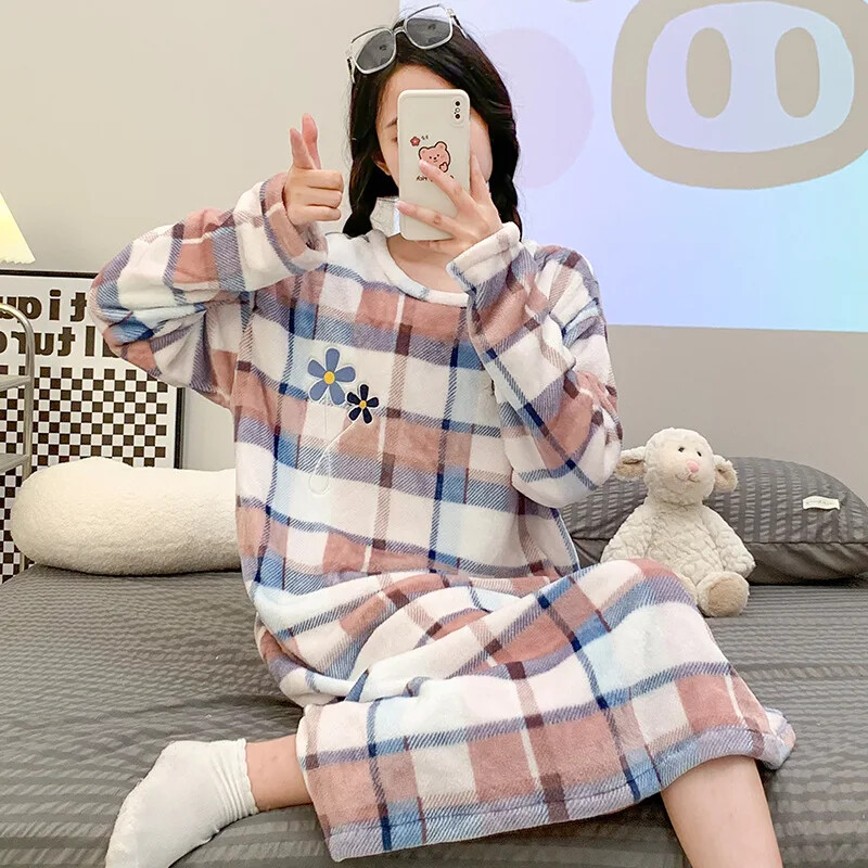 Aranyos kockás flanel pizsama női hosszú ujjú, stílusos téli meleg kényelmes hálóing hálóing Háziruházat Felsőruházat