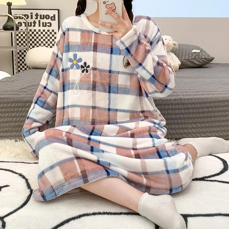 Aranyos kockás flanel pizsama női hosszú ujjú, stílusos téli meleg kényelmes hálóing hálóing Háziruházat Felsőruházat