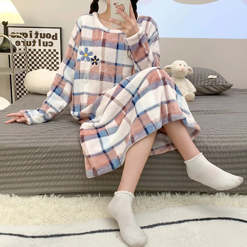 Aranyos kockás flanel pizsama női hosszú ujjú, stílusos téli meleg kényelmes hálóing hálóing Háziruházat Felsőruházat
