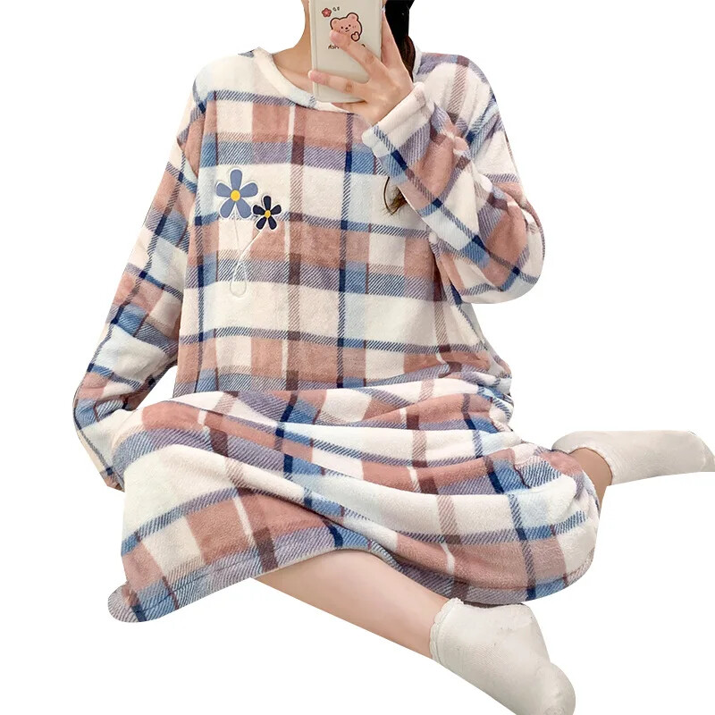 Aranyos kockás flanel pizsama női hosszú ujjú, stílusos téli meleg kényelmes hálóing hálóing Háziruházat Felsőruházat