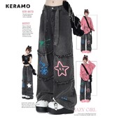 Amerikietiški vintažiniai aukštu juosmeniu tiesūs džinsai Grunge Streetwear kutai spausdinti kelnės Moteriškos laisvalaikio baggy Y2K plačios džinsinės kelnės