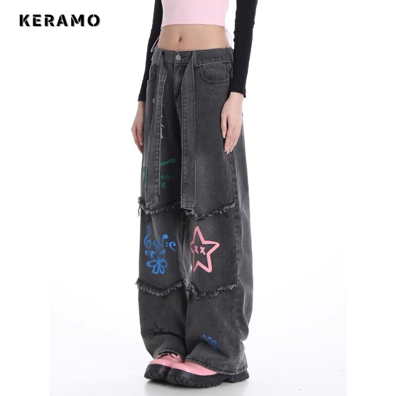 Amerikietiški vintažiniai aukštu juosmeniu tiesūs džinsai Grunge Streetwear kutai spausdinti kelnės Moteriškos laisvalaikio baggy Y2K plačios džinsinės kelnės