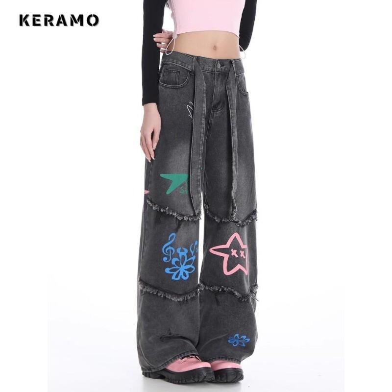 Amerikietiški vintažiniai aukštu juosmeniu tiesūs džinsai Grunge Streetwear kutai spausdinti kelnės Moteriškos laisvalaikio baggy Y2K plačios džinsinės kelnės
