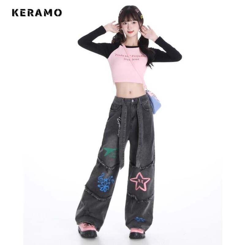 Amerikietiški vintažiniai aukštu juosmeniu tiesūs džinsai Grunge Streetwear kutai spausdinti kelnės Moteriškos laisvalaikio baggy Y2K plačios džinsinės kelnės
