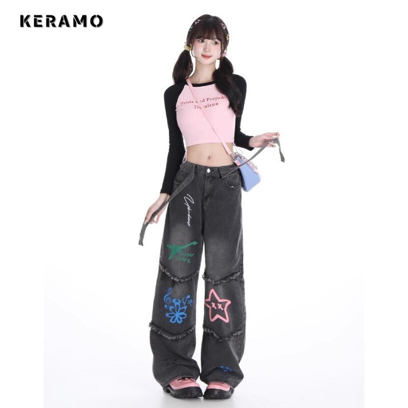 Amerikietiški vintažiniai aukštu juosmeniu tiesūs džinsai Grunge Streetwear kutai spausdinti kelnės Moteriškos laisvalaikio baggy Y2K plačios džinsinės kelnės