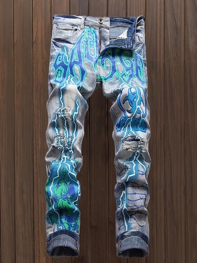 Pánske džínsy v štýle Street Style s regular fit strihom, mierne elastické, s 3D potlačou a pruhovaným vzorom, prané, celoročné, tkané, štýlové, ležérne