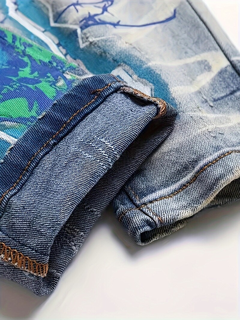 Pánske džínsy v štýle Street Style s regular fit strihom, mierne elastické, s 3D potlačou a pruhovaným vzorom, prané, celoročné, tkané, štýlové, ležérne