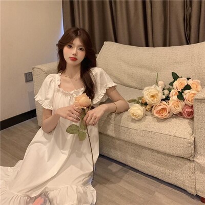 Pavasarį ir vasarą saldus princesės stiliaus naktinis marškinys ilgomis rankovėmis trumpomis rankovėmis, moteriškas laisvas, mergaitiškas naktinis marškinys.