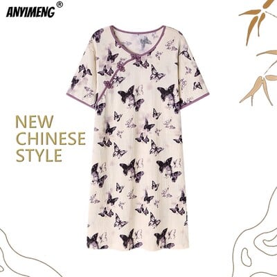 NAUJI KINIŠKO STILIAUS M-3XL Vintažiniai miegmaišiai Elegantiški moteriški naktiniai marškinėliai Minkštos krepinės medvilnės vasariniai trumpomis rankovėmis naktiniai marškinėliai