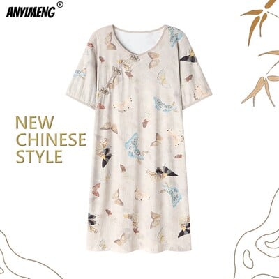 NAUJI KINIŠKO STILIAUS M-3XL Vintažiniai miegmaišiai Elegantiški moteriški naktiniai marškinėliai Minkštos krepinės medvilnės vasariniai trumpomis rankovėmis naktiniai marškinėliai