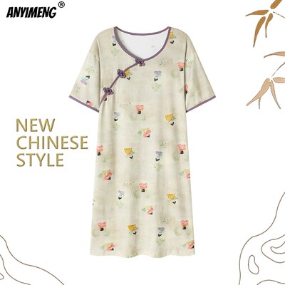 NAUJI KINIŠKO STILIAUS M-3XL Vintažiniai miegmaišiai Elegantiški moteriški naktiniai marškinėliai Minkštos krepinės medvilnės vasariniai trumpomis rankovėmis naktiniai marškinėliai