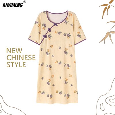 NAUJI KINIŠKO STILIAUS M-3XL Vintažiniai miegmaišiai Elegantiški moteriški naktiniai marškinėliai Minkštos krepinės medvilnės vasariniai trumpomis rankovėmis naktiniai marškinėliai