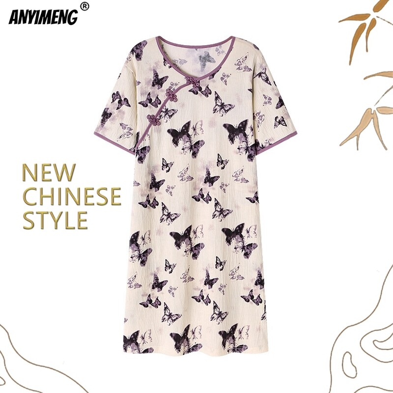 NAUJI KINIŠKO STILIAUS M-3XL Vintažiniai miegmaišiai Elegantiški moteriški naktiniai marškinėliai Minkštos krepinės medvilnės vasariniai trumpomis rankovėmis naktiniai marškinėliai