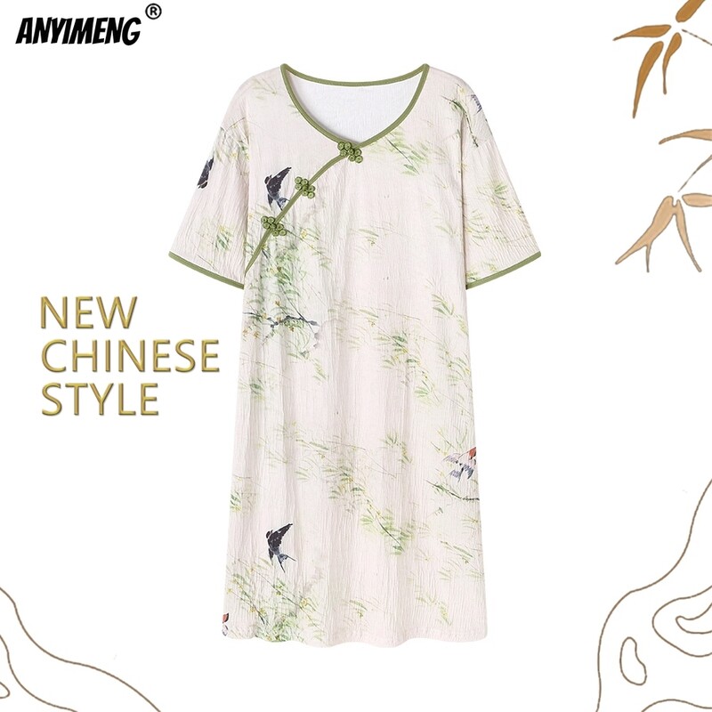 NAUJI KINIŠKO STILIAUS M-3XL Vintažiniai miegmaišiai Elegantiški moteriški naktiniai marškinėliai Minkštos krepinės medvilnės vasariniai trumpomis rankovėmis naktiniai marškinėliai
