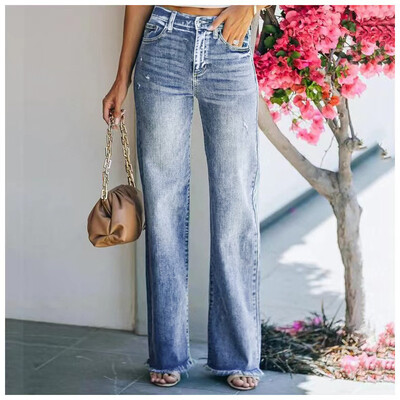 2023 tavaszi új női derék közepén bő farmernadrág divatos nyers szélű farmer egyenes szárú nadrág alkalmi női nadrág S-2XL