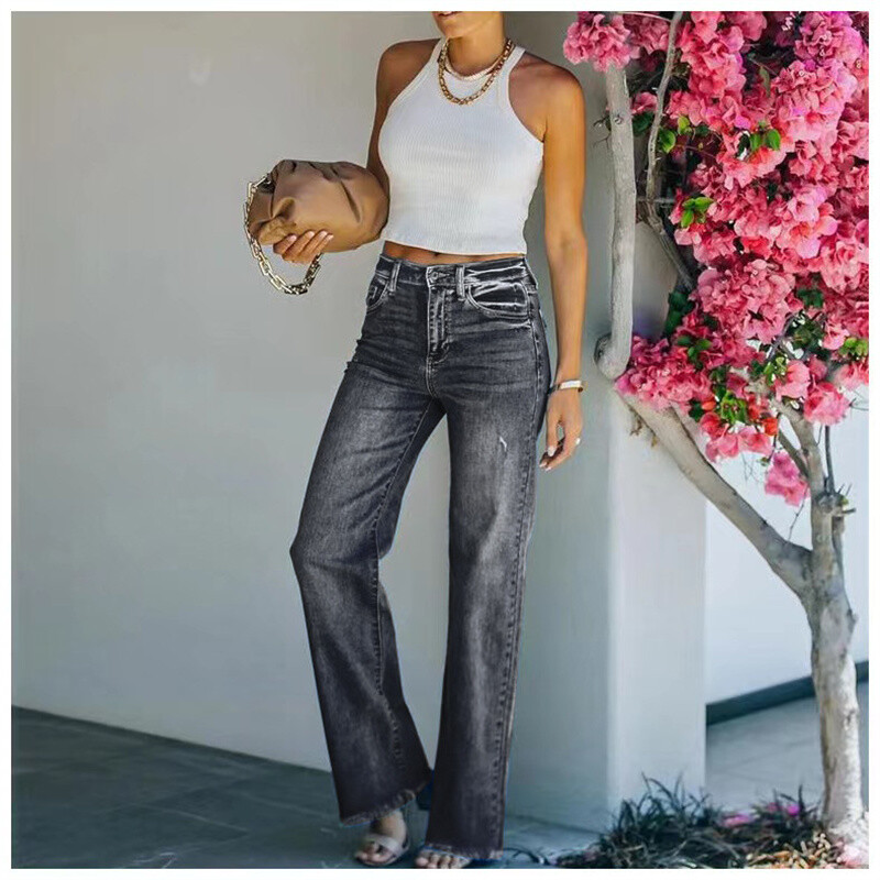 2023 tavaszi új női derék közepén bő farmernadrág divatos nyers szélű farmer egyenes szárú nadrág alkalmi női nadrág S-2XL