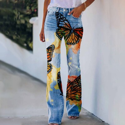Džinsi sievietēm ar augstu jostasvietu Cargo Bikses Bootcut Distressed Flared Denim Print Bikses ar ziedu apdruku Mākslīgās džinsa džinsi Джинсы Женский