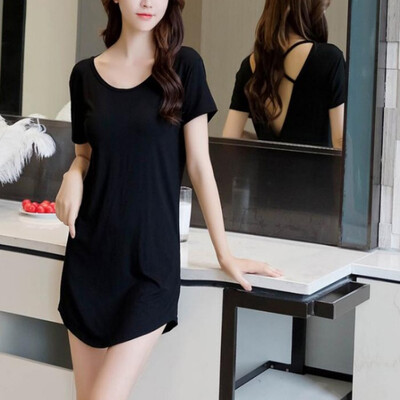 Rövid ujjú női hálóing nyári és őszi egyszínű szexi rövid ujjú keresztes hálóing fekete pizsama bő, nagy méretű