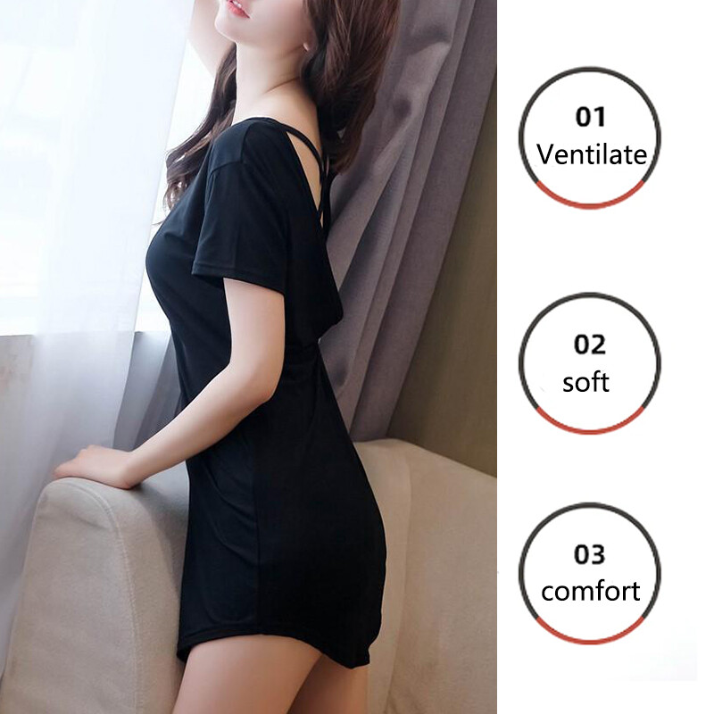 Rövid ujjú női hálóing nyári és őszi egyszínű szexi rövid ujjú keresztes hálóing fekete pizsama bő, nagy méretű