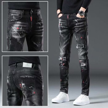 High Street 2022 Fashion Casual Ripped Jeans Ανδρικό μπάλωμα Teenagers Cowboy Paint Splash Ink Μαύρο μολύβι Παντελόνι Skinny Jeans Ανδρικά