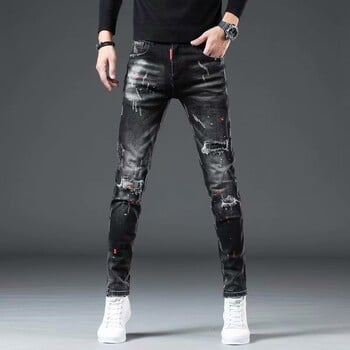 High Street 2022 Fashion Casual Ripped Jeans Ανδρικό μπάλωμα Teenagers Cowboy Paint Splash Ink Μαύρο μολύβι Παντελόνι Skinny Jeans Ανδρικά