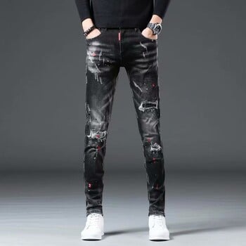 High Street 2022 Fashion Casual Ripped Jeans Ανδρικό μπάλωμα Teenagers Cowboy Paint Splash Ink Μαύρο μολύβι Παντελόνι Skinny Jeans Ανδρικά