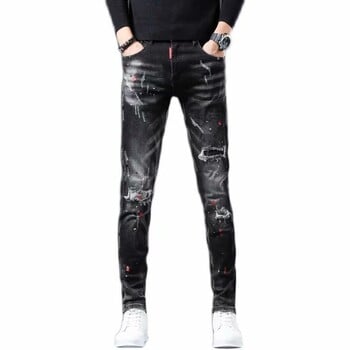 High Street 2022 Fashion Casual Ripped Jeans Ανδρικό μπάλωμα Teenagers Cowboy Paint Splash Ink Μαύρο μολύβι Παντελόνι Skinny Jeans Ανδρικά