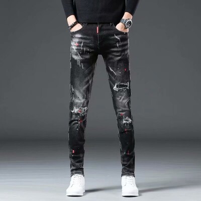 High Street 2022, ocazional, blugi rupti, plasture bărbați, adolescenți, vopsea cowboy, stropi de cerneală, pantaloni creion negri, blugi skinny bărbați